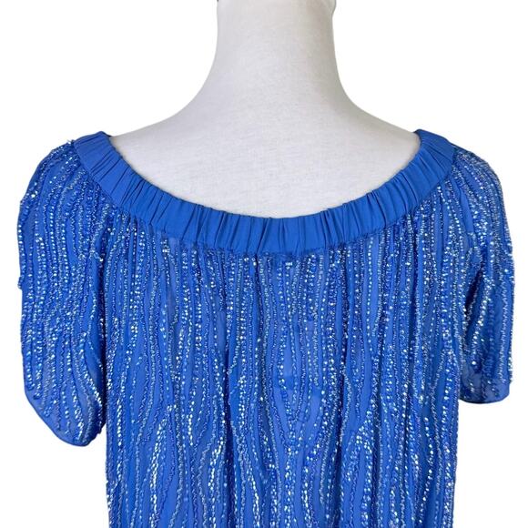 Parker NWT Royal Blue Beaded Embellished Off the Shoulder Sheer Top - Picture 9 of 16